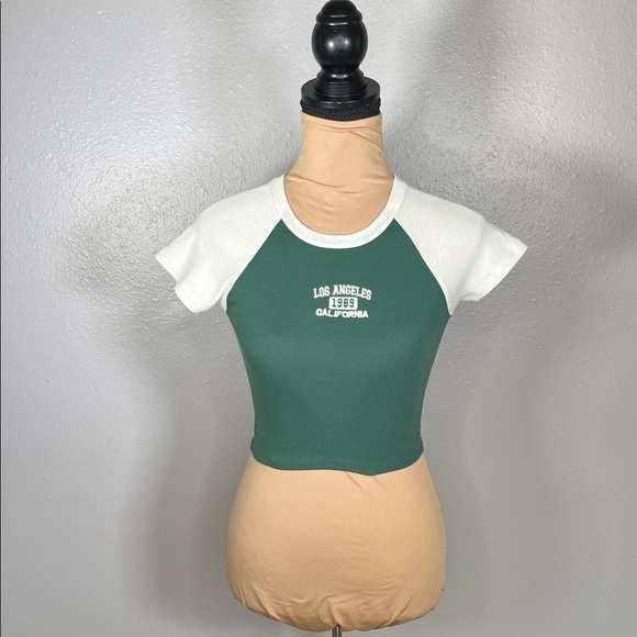 1989 LA Graphic ringer Baby Tee Crop Top Green White S collegiate sporty casual - Picture 2 of 11